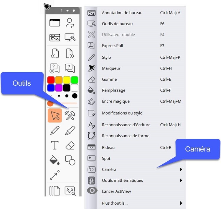 outils et caméra dans ActivInspire