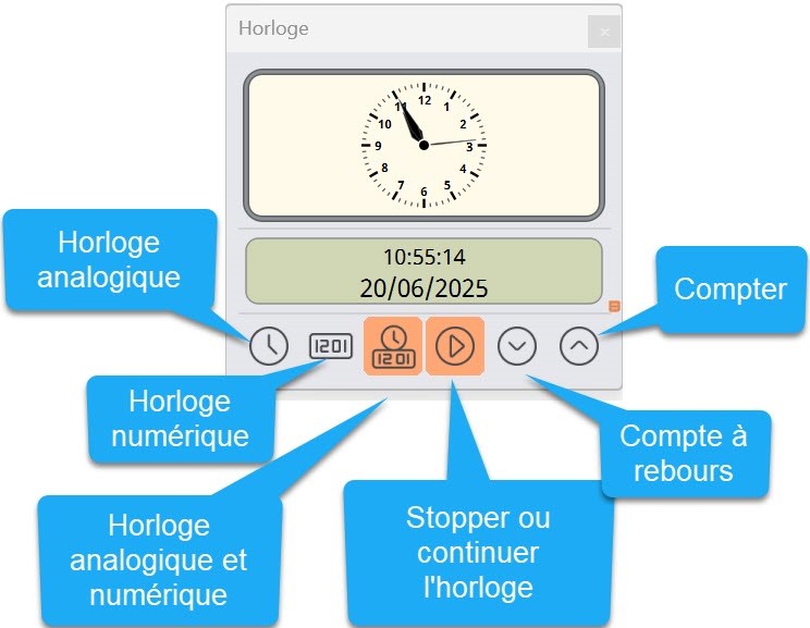 options de l'outil horloge dans ActivInspire